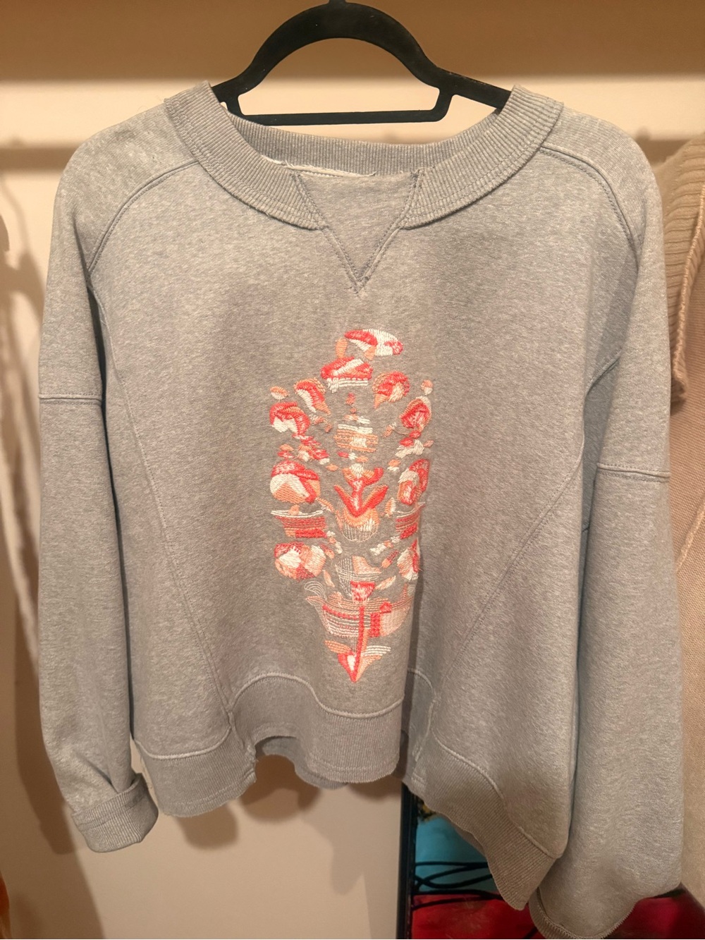 FP Movement by Free People Light Gray Crewneck Sweater with Coral Embroidery